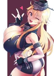 Rule 34 | 1girl, \m/, ass, blonde hair, blue eyes, breasts, chain, cleavage, garter straps, gloves, hair between eyes, headgear, heart, highres, huge breasts, iowa (kancolle), kantai collection, long hair, looking at viewer, miniskirt, one eye closed, open mouth, rampage 2nd, simple background, skirt, solo, star-shaped pupils, star (symbol), symbol-shaped pupils, thighhighs, two-tone background, yellow pupils