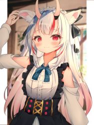 Rule 34 | 1girl, animal ear fluff, animal ears, blue bow, blue bowtie, blurry, blurry background, blush, bow, bowtie, cat ears, clothing cutout, commentary, highres, hololive, horns, indoors, kemonomimi mode, long hair, long sleeves, maid headdress, multicolored hair, nakiri ayame, nakiri ayame (girly), razerman, red eyes, red hair, shoulder cutout, silver hair, smile, solo, streaked hair, upper body, virtual youtuber