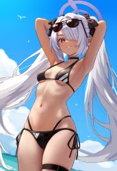 Rule 34 | 1girl, absurdres, armpits, arms behind back, arms behind head, arms up, bare arms, bare legs, bare shoulders, bikini, black bikini, black choker, blue archive, breasts, choker, cloud, cowboy shot, dark-skinned female, dark skin, day, eyewear on head, fanteam, grey hair, grey halo, hair over one eye, halo, highres, iori (blue archive), iori (swimsuit) (blue archive), long hair, looking at viewer, navel, official alternate costume, open mouth, outdoors, pointy ears, red eyes, side-tie bikini bottom, sky, small breasts, smile, solo, standing, stomach, sunglasses, swimsuit, thigh strap, very long hair, white hair