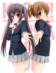 Rule 34 | 2girls, back-to-back, text background, black hair, brown eyes, brown hair, english text, hirasawa ui, k-on!, long hair, multiple girls, nakano azusa, neck ribbon, outstretched arm, outstretched hand, ponytail, reaching, red eyes, red ribbon, ribbon, school uniform, short hair, text focus, tomosuke, twintails