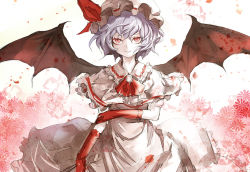 Rule 34 | 1girl, ascot, bad id, bad pixiv id, bat wings, blue hair, brooch, dress, female focus, gloves, hat, jewelry, kozou (soumuden), red eyes, red gloves, remilia scarlet, short hair, smile, solo, touhou, white dress, wings