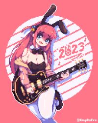 Rule 34 | 1girl, acupkafro, animal ears, black bow, black bowtie, black footwear, black leotard, blue eyes, blush, bocchi the rock!, border, bow, bowtie, breasts, cleavage, commentary, cube hair ornament, detached collar, electric guitar, english commentary, fake animal ears, frown, gibson les paul, gotoh hitori, guitar, hair ornament, highres, holding, holding instrument, instrument, jacket, leg up, leotard, long hair, medium breasts, off shoulder, one side up, pink background, pink hair, pink jacket, pink theme, pixel art, playboy bunny, rabbit ears, round border, shoulder strap, strapless, strapless leotard, thighhighs, track jacket, twitter username, white thighhighs, wing collar