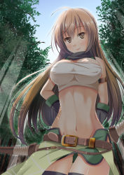 Rule 34 | 1girl, ahoge, armband, bad anatomy, bad proportions, belt, black legwear, blush, bow (weapon), breasts, brown hair, cowboy shot, day, gloves, large breasts, long hair, looking at viewer, midriff, navel, outdoors, poorly drawn, sennen sensou aigis, smirk, solo, soma (sennen sensou aigis), tukuyo kiriyuki, weapon
