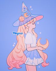 Rule 34 | 1girl, absurdres, artist name, bishoujo senshi sailor moon, blonde hair, blue background, blue sky, closed eyes, cloud print, commentary, cowboy shot, crescent, double bun, english commentary, hair bun, hat, highres, holding, long hair, meyoco, partially immersed, petals, pleated skirt, print skirt, profile, shirt, short sleeves, simple background, skirt, sky, solo, sparkle, transparent, transparent headwear, tsukino usagi, very long hair, white shirt, witch hat