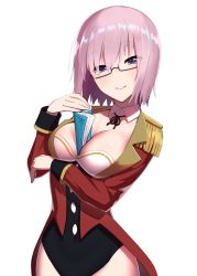 Rule 34 | 1girl, alternate costume, between breasts, black-framed eyewear, black leotard, blush, book, breasts, cleavage, coat, collarbone, detached collar, epaulettes, fate/grand order, fate (series), glasses, hair over one eye, highres, kuroshiro (ms-2420), leotard, long hair, long sleeves, looking at viewer, mash kyrielight, mash kyrielight (welcome to the travelling circus!), medium breasts, naughty face, official alternate costume, open clothes, open coat, parted lips, pink hair, purple eyes, red coat, semi-rimless eyewear, sexually suggestive, short hair, simple background, smile, under-rim eyewear, upper body, welcome to the travelling circus!, white background