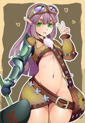 Rule 34 | 1girl, armor, asymmetrical clothes, bag, breasts, brown hair, colored eyelashes, cosplay, cowboy shot, duplicate, dwarf (monster girl encyclopedia), dwarf (monster girl encyclopedia) (cosplay), eyebrows, gloves, gnome (mon-musu quest!), goggles, goggles on head, green eyes, halphelt, hammer, heart, imageboard desourced, long hair, looking at viewer, mon-musu quest!, monster girl encyclopedia, navel, no panties, non-web source, open mouth, outline, pointy ears, ringed eyes, shoulder armor, shoulder bag, simple background, single glove, small breasts, solo, stomach, thick eyebrows, thick thighs, thighs, triangle mouth, underboob, v, white outline