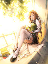 Rule 34 | 1girl, black eyes, book, bow, breasts, brown hair, flower, frilled thighhighs, frills, hairband, highres, kkuem, long hair, original, pillow, sitting, skirt, solo, sunlight, thighhighs, white thighhighs