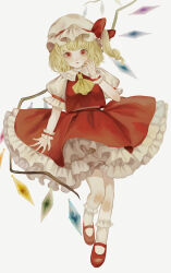 Rule 34 | 1girl, absurdres, ascot, blonde hair, blunt bangs, bobby socks, breasts, collared shirt, crystal, flandre scarlet, frilled shirt collar, frilled skirt, frills, full body, hat, hat ribbon, highres, looking at viewer, mary janes, medium hair, mo sakana, mob cap, multicolored wings, one side up, puffy short sleeves, puffy sleeves, red eyes, red footwear, red ribbon, red skirt, red vest, ribbon, ribbon-trimmed headwear, ribbon trim, shirt, shoes, short sleeves, simple background, skirt, skirt set, sleeve ribbon, small breasts, socks, solo, touhou, vest, white background, white hat, white shirt, white socks, wings, wrist cuffs, yellow ascot