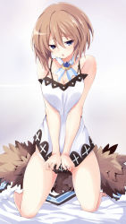 Rule 34 | 1girl, alternate breast size, bare legs, bare shoulders, blanc (neptunia), blue eyes, blush, breasts squeezed together, breasts, brown hair, cleavage, coat, unworn coat, commentary request, dress, dress tug, full body, fur-trimmed coat, fur trim, hair between eyes, highres, iwashi dorobou -r-, kneeling, large breasts, legs apart, looking at viewer, medium breasts, medium hair, neptune (series), open mouth, panties, panty peek, short dress, solo, spaghetti strap, thighs, undersized clothes, underwear, v arms, white dress, white panties