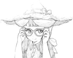 Rule 34 | 1girl, adjusting eyewear, bow, closed mouth, commentary request, fingernails, glasses, greyscale, hands up, hat, hat bow, horned girl (jaco), jaco, looking at viewer, monochrome, original, ribbon, simple background, slit pupils, smile, solo, upper body, white background