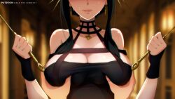 Rule 34 | 1boy, 1girl, absurdres, bare shoulders, black dress, black hair, blush, breasts, cedric (gear art), cleavage, collarbone, dress, dual wielding, earrings, grabbing, grabbing another&#039;s breast, hetero, highres, holding, holding knife, jewelry, knife, large breasts, pov, short hair with long locks, sidelocks, sleeveless, sleeveless dress, solo focus, spy x family, sweat, yor briar