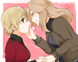 Rule 34 | 10s, 2girls, black shirt, blonde hair, blue eyes, brown jacket, cup, darjeeling (girls und panzer), from side, girls und panzer, hand on another&#039;s face, holding, jacket, kay (girls und panzer), long hair, long sleeves, looking at another, lowres, military, military uniform, multiple girls, nakaya 106, open clothes, open jacket, red jacket, shirt, short hair, smile, sweatdrop, teacup, twitter username, uniform, upper body, yuri