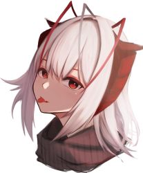 Rule 34 | 1girl, ahoge, arknights, black scarf, commentary request, demon horns, fang, highres, horns, looking at viewer, medium hair, portrait, red eyes, sanukiske, scarf, simple background, skin fang, solo, tongue, tongue out, w (arknights), white background, white hair
