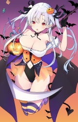 Rule 34 | 1girl, bare shoulders, bat (animal), bat wings, blush, breasts, cleavage, fang, food-themed hair ornament, gloves, groin, hair ornament, hair ribbon, hairclip, highres, holding, jack-o&#039;-lantern, large breasts, leotard, long hair, looking at viewer, navel, open mouth, original, pointy ears, pumpkin hair ornament, red eyes, ribbon, silver hair, solo, thighhighs, thighs, two side up, uro (urotanc), vampire, wings