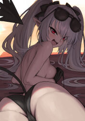 Rule 34 | 1girl, absurdres, ass, bikini, blue archive, breasts, cameltoe, cleft of venus, demon tail, eyewear on head, grey hair, highres, iori (blue archive), iori (swimsuit) (blue archive), karadborg, long hair, looking back, lying, on stomach, open mouth, pointy ears, red eyes, small breasts, solo, sunglasses, swimsuit, tail, twintails, twisted torso, untied bikini, v-shaped eyebrows, wet
