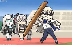 Rule 34 | 3girls, abyssal patrolling attack hawk, abyssal ship, alternate costume, amatsukaze (kancolle), baguette, blonde hair, blouse, blue eyes, blue pants, blue scarf, blush, bread, commentary, dated, denim, closed eyes, food, german escort princess, hair ornament, hair tubes, hamu koutarou, highres, holding, holding food, horns, jeans, kantai collection, long hair, long sleeves, multiple girls, name tag, navel, open mouth, pants, rensouhou-kun, richelieu (kancolle), scarf, shirt, short hair, single horn, smokestack hair ornament, sunglasses, translated, two side up, v-shaped eyebrows, white hair, white shirt