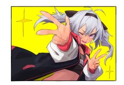 Rule 34 | 1girl, black hairband, crop top, dark-skinned female, dark skin, double w, fang, grey hair, hair between eyes, hairband, highres, jacket, long hair, long sleeves, looking at viewer, matsukai mao, midriff, nijisanji, one eye closed, open clothes, open jacket, open mouth, sidelocks, skin fang, solo, sparkle, spmkwy, twintails, two-tone background, upper body, virtual youtuber, w