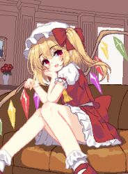 Rule 34 | 1girl, 999 (hansode), ascot, back bow, blonde hair, bow, column, couch, crystal, flandre scarlet, flower, frilled skirt, frilled sleeves, frills, hat, hat ribbon, head on hand, knees together feet apart, looking to the side, mary janes, medium hair, mob cap, on couch, open mouth, painting (object), pillar, pixel art, playing with own hair, puffy short sleeves, puffy sleeves, red eyes, red flower, red footwear, red ribbon, red skirt, red vest, ribbon, shoes, short sleeves, side ponytail, sitting, skirt, smile, solo, touhou, vase, vest, white hat, wings, yellow ascot