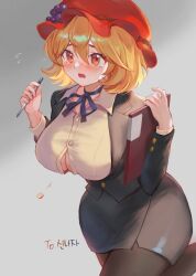 Rule 34 | 1girl, aki minoriko, black skirt, blonde hair, blush, breasts, formal, gradient background, grey background, hair ornament, hat, highres, jacket, large breasts, long sleeves, looking at viewer, notebook, office lady, open mouth, orchid (pixiv3730518), pantyhose, pen, pencil skirt, popped button, red eyes, short hair, skirt, skirt suit, smile, solo, suit, touhou, wardrobe malfunction