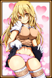 Rule 34 | 1girl, blonde hair, breasts, bright pupils, brown eyes, brown sweater, brown sweater vest, brown vest, cameltoe, closed mouth, clothes lift, commentary request, covered erect nipples, dated, elbow gloves, feet out of frame, gloves, grey skirt, groin, hair between eyes, head tilt, heart, heart background, highres, impossible clothes, large breasts, lifting own clothes, light blush, long hair, looking at viewer, miniskirt, navel, p-chan (mitsuta52), panties, pink background, pink panties, pleated skirt, school uniform, shirt, shokuhou misaki, short sleeves, skirt, skirt lift, sleeveless, sleeveless sweater, smile, solo, spider web print, star-shaped pupils, star (symbol), stomach, summer uniform, sweater, sweater vest, symbol-shaped pupils, thighhighs, thighs, toaru kagaku no railgun, toaru kagaku no railgun s, toaru majutsu no index, tokiwadai school uniform, underwear, vest, white gloves, white shirt, white thighhighs, yellow pupils
