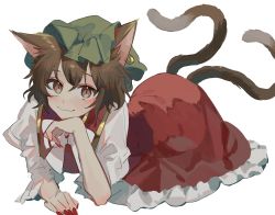 Rule 34 | 1girl, :3, animal ear fluff, animal ears, arm support, blush, bow, bowtie, brown eyes, brown hair, cat ears, cat girl, cat tail, chen, closed mouth, commentary, dress, earrings, full body, green hat, hand on own chin, hat, highres, jewelry, looking at viewer, lying, mob cap, multiple tails, nail polish, nekomata, on stomach, pinafore dress, red dress, red nails, shirt, short hair, simple background, single earring, sleeveless, sleeveless dress, smile, solo, tail, touhou, two tails, white background, white bow, white bowtie, white shirt, yanfei u