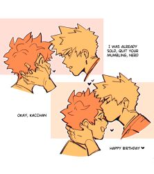Rule 34 | 2boys, bakugou katsuki, boku no hero academia, closed eyes, comic, commentary, english commentary, english text, eye contact, from side, habkart, hand on another&#039;s face, happy birthday, heart, highres, kiss, kissing forehead, looking at another, male focus, midoriya izuku, monochrome, multiple boys, open mouth, orange theme, profile, short hair, simple background, smile, spiked hair, white background, yaoi