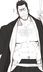 1boy abs absurdres bara bare_pectorals beard bleach chest_hair cigarette cowboy_shot facial_hair gomtang greyscale hakama hakama_pants head_tilt highres hip_vent japanese_clothes kimono kurosaki_isshin large_pectorals male_focus mature_male monochrome muscular muscular_male navel navel_hair nipples open_clothes open_kimono pants pectorals short_hair sideburns smile smoking solo stomach stubble