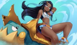 Rule 34 | 1girl, arm up, black hair, blue eyes, blue hair, breasts, closed mouth, creatures (company), crop top, dark-skinned female, dark skin, drednaw, echo saber, feet out of frame, game freak, gen 8 pokemon, looking at viewer, midriff, multicolored hair, navel, nessa (pokemon), nintendo, pokemon, pokemon (creature), pokemon swsh, short shorts, shorts, sitting, smile, water