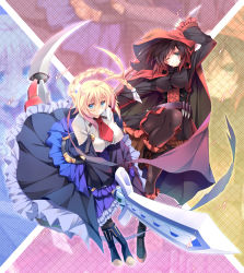 Rule 34 | 2girls, ahoge, alternate breast size, black dress, black hair, black legwear, blazblue, blazblue: cross tag battle, blonde hair, blue dress, blue eyes, blush, boots, braid, breasts, cape, cloak, closed mouth, commentary request, corset, crescent rose, cross-laced footwear, dress, es (xblaze), frilled dress, frills, gradient hair, greatsword, highres, holding, holding sword, holding weapon, hood, hooded cloak, huge ahoge, huge sword, huge weapon, knee boots, lace-up boots, large breasts, long hair, long sleeves, looking at viewer, multicolored hair, multiple girls, pantyhose, red cape, red hair, ruby rose, rwby, scythe, short hair, grey eyes, single braid, sword, taut clothes, two-tone hair, underbust, weapon, xblaze, yuuki makoto (radiant)