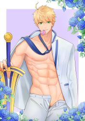 Rule 34 | 1boy, abs, arthur pendragon (fate), bara, bare pectorals, bishounen, blonde hair, blue flower, blue rose, bulge, condom, condom in mouth, condom wrapper, cowboy shot, excalibur (fate/prototype), fate/grand order, fate (series), flower, formal, green eyes, highres, jacket, looking at viewer, male focus, male pubic hair, minghecanyue, mouth hold, navel, necktie, nipples, open clothes, open jacket, open pants, pants, pectorals, pubic hair, rose, short hair, solo, stomach, suit, toned, toned male, white pants, white suit