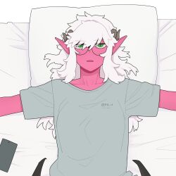 Rule 34 | 1girl, cellphone, colored skin, demon girl, glasses, green eyes, grey shirt, highres, horns, jitome, long hair, looking at viewer, low wings, lying, on back, original, outstretched arms, parted lips, phone, pillow, pink skin, pointy ears, round eyewear, shirt, short sleeves, sioban (sparrowl), smartphone, solo, sparrowl, spread arms, upper body, white hair, wings
