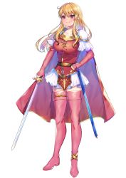Rule 34 | 1girl, akirannu, armor, blonde hair, boots, cape, fingerless gloves, fire emblem, fire emblem: genealogy of the holy war, full body, gloves, highres, holding, holding weapon, lachesis (fire emblem), long hair, nintendo, red eyes, shoulder armor, skirt, smile, sword, thigh boots, thighhighs, weapon, white background