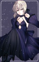 Rule 34 | 1girl, absurdres, artoria pendragon (all), artoria pendragon (fate), black footwear, black skirt, braid, breasts, cleavage, closed mouth, collarbone, crown braid, fate/stay night, fate (series), framed, frilled sleeves, frills, grey background, grey hair, hair between eyes, highres, long skirt, long sleeves, looking at viewer, mitorine0310, purple shirt, purple skirt, purple sleeves, saber alter, shirt, short hair, shrug (clothing), sidelocks, skirt, sleeveless, sleeveless shirt, small breasts, solo, yellow eyes