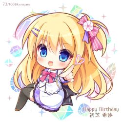 Rule 34 | 1girl, :d, bad id, bad pixiv id, black thighhighs, blazer, blonde hair, blue eyes, blush, bow, brown footwear, character name, chibi, collared shirt, commentary request, diamic days, flower, full body, hair between eyes, hair bow, hair flower, hair ornament, hairclip, happy birthday, hatsushiba kiba, jacket, long hair, long sleeves, looking at viewer, looking to the side, one side up, open mouth, outstretched arm, pink bow, pink flower, plaid, pointing, pointing at viewer, revision, ryuuka sane, school uniform, shirt, sitting, skirt, smile, solo, striped, striped bow, thighhighs, twitter username, very long hair, white jacket, white shirt, white skirt