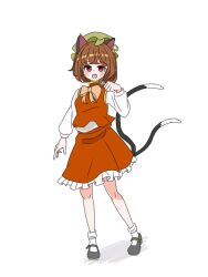 Rule 34 | 1girl, :d, animal ear piercing, animal ears, bare legs, blush, bobby socks, bow, bowtie, breasts, brown hair, cat ears, cat tail, chen, earrings, frills, full body, gekiyaba0512, gold trim, green hat, hand up, happy, hat, jewelry, long sleeves, looking at viewer, mary janes, mob cap, multiple tails, nekomata, open mouth, orange bow, orange bowtie, paw pose, petite, petticoat, puffy long sleeves, puffy sleeves, purple eyes, red skirt, red vest, shoes, short hair, simple background, single earring, skirt, skirt set, small breasts, smile, socks, solo, tail, teeth, touhou, two tails, upper teeth only, vest, white background
