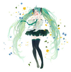 Rule 34 | 1girl, 72 (nananatsu), bare shoulders, clover, detached sleeves, closed eyes, flower, green hair, hatsune miku, long hair, md5 mismatch, necktie, open mouth, petals, skirt, solo, thighhighs, twintails, very long hair, vocaloid