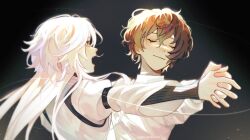 Rule 34 | 2boys, absurdres, bandaged hand, bandaged neck, bandages, brown hair, bungou stray dogs, closed eyes, closed mouth, dancing, dazai osamu (bungou stray dogs), facing another, facing viewer, grey eyes, highres, holding hands, joonsbubu, long hair, long sleeves, looking at viewer, male focus, multiple boys, shirt, sigma (bungou stray dogs), white hair, white shirt, yaoi