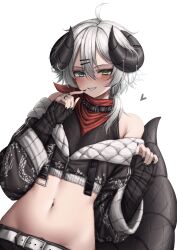 Rule 34 | 1girl, absurdres, ahoge, belt, black nails, blue eyes, cropped jacket, dutch angle, green eyes, grey hair, hair between eyes, hair ornament, hairclip, heterochromia, highres, horns, jewelry, lobsteranian, long hair, midriff, navel, off shoulder, original, ring, sleeves past wrists, smile, solo, tail, white background