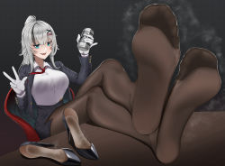 Rule 34 | 1girl, absurdres, beer can, blue eyes, c14 (girls&#039; frontline), can, chair, drink can, feet, girls&#039; frontline, highres, long hair, looking at viewer, open mouth, pantyhose, ponytail, shoes, silver hair, sitting, soles, steam, table, unworn shoes