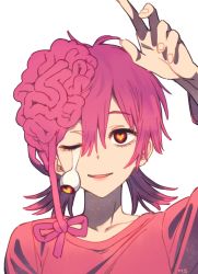 Rule 34 | 1girl, arm up, bow, chainsaw man, cosmo (chainsaw man), dangling eye, exposed brain, fingernails, heart, heart-shaped pupils, highres, low twintails, mitsurugi sugar, pink hair, red shirt, shirt, smile, symbol-shaped pupils, twintails, white background