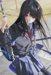 Rule 34 | 1girl, absurdres, backpack, bag, black hair, black shirt, blue sailor collar, blue skirt, blurry, blurry background, brown eyes, chain, hands up, highres, holding, holding chain, honnryou hanaru, long hair, long sleeves, looking at viewer, neckerchief, open mouth, original, outdoors, pleated skirt, red neckerchief, sailor collar, school uniform, serafuku, shirt, signature, sitting, skirt, smile, solo, swing set