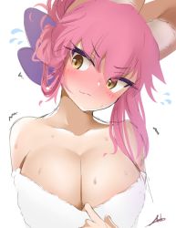 Rule 34 | 10s, 1girl, alternate costume, anho, animal ears, bare shoulders, blush, breasts, brown eyes, cleavage, closed mouth, collarbone, colored eyelashes, embarrassed, fate/extra, fate (series), flying sweatdrops, fox ears, full-face blush, head tilt, large breasts, long hair, looking at viewer, motion lines, off-shoulder, off-shoulder sweater, off shoulder, pink hair, pulling own clothes, signature, simple background, smile, solo, sweat, sweater, tamamo (fate), tamamo no mae (fate/extra), trembling, tsurime, upper body, v-shaped eyebrows, white background, white sweater