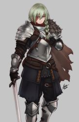 Rule 34 | 1girl, airisubaka, armor, artist name, bandaged ear, bandages, belt, black gloves, black pants, bracer, braid, breasts, burn scar, cape, chainmail, commentary, english commentary, fantasy, feet out of frame, female knight, gloves, greaves, green hair, grey background, hair between eyes, highres, holding, holding sword, holding weapon, knight, leg belt, long hair, looking at viewer, o-ring, original, pants, plate armor, purple eyes, scar, shoulder armor, signature, simple background, solo, sword, uneven eyes, v-shaped eyebrows, weapon