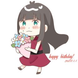 Rule 34 | 1girl, artist name, artist request, bare legs, black bow, black corset, black footwear, black hair, blunt bangs, bouquet, bow, breasts, corset, dress, dress bow, female focus, flat chest, flower, flower bracelet, green eyes, hair ornament, highres, holding, holding bouquet, jewelry, kurosawa dia, long hair, looking at viewer, love live!, love live! school idol festival, love live! sunshine!!, miniskirt, mole, mole under mouth, necklace, pearl necklace, pink flower, plaid, plaid dress, plaid skirt, pleated, pleated dress, pleated skirt, red dress, red skirt, skirt, sleeveless, sleeveless dress, small breasts, solo, uraranetto
