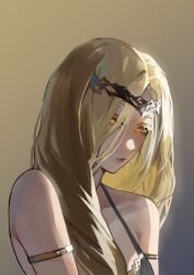 Rule 34 | 1girl, absurdres, armband, bare shoulders, black dress, blonde hair, braid, circlet, closed mouth, commentary request, dress, elden ring, highres, jewelry, lips, long hair, looking at viewer, miao jiangyou, pink lips, queen marika the eternal, sleeveless, sleeveless dress, solo, upper body, very long hair