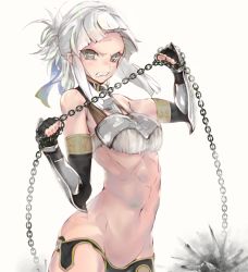 Rule 34 | 1girl, abs, angry, bad id, bad pixiv id, ball and chain (weapon), bare shoulders, chain, detached sleeves, fate/grand order, fate (series), fingerless gloves, flail, gloves, grey eyes, macaroni tamago, morning star, panties, penthesilea (fate), solo, spiked ball and chain, underwear, weapon, white background, white hair