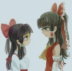 Rule 34 | 2girls, ascot, blue background, brown hair, detached sleeves, dual persona, expressionless, eye contact, hair ribbon, hair tubes, hakurei reimu, hakurei reimu (pc-98), japanese clothes, long hair, long sleeves, looking at another, miko, multiple girls, aged up, ponytail, profile, purple hair, ribbon, sakamoto (pompa), shirt, simple background, touhou, touhou (pc-98), upper body, aged down