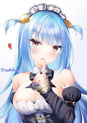 Rule 34 | 1girl, absurdres, artist name, azur lane, blue hair, breasts, clam shell, cleavage, detached sleeves, dress, eyes visible through hair, fake antlers, finger to mouth, frilled hairband, frills, hairband, highres, juliet sleeves, large breasts, long hair, long sleeves, looking at viewer, maid headdress, makihige, neptune (azur lane), puffy sleeves, see-through, see-through dress, shell hair ornament, simple background, solo, upper body, white background, yellow eyes