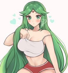 Rule 34 | 1girl, alternate costume, bare arms, bare shoulders, blush, breasts, camisole, cleavage, commentary, crop top, green eyes, green hair, grey background, heart, highres, kid icarus, large breasts, long hair, looking at viewer, midriff, navel, nintendo, palutena, purrlucii, red shorts, short shorts, shorts, simple background, solo, spaghetti strap, stomach, strap slip, very long hair