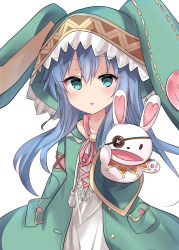 Rule 34 | 1girl, absurdres, animal ears, animal hood, aqua eyes, blue hair, blush, commentary request, date a live, drawstring, dress, eyepatch, green jacket, hair between eyes, hand puppet, heart, highres, hood, hood up, hooded jacket, jacket, long hair, long sleeves, looking at viewer, natsu (sinker8c), open clothes, open jacket, parted lips, puppet, rabbit ears, rabbit hood, simple background, solo, very long hair, white background, white dress, wide sleeves, yoshino (date a live), yoshinon